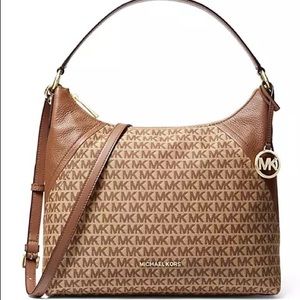 MICHAEL Michael Kors Large Aria Handbag Signature Logo MK Jacquard/Leather Brown